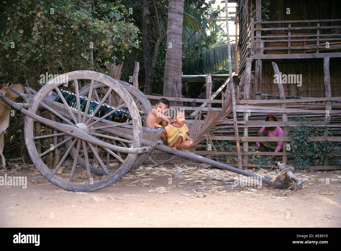 Kambodschanische Kinder sitzen auf alten Ochsenkarren, Kambodscha. Stockfoto