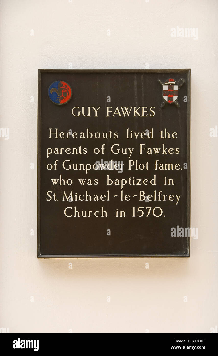 Guy Fawkes Plaque Stonegate York North Yorkshire England UK United Kingdom GB Great Britain Stockfoto