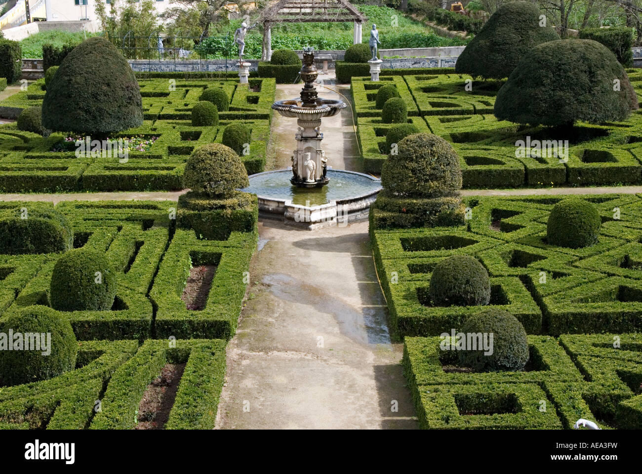 Palacio dos Marqueses da Fronteira, Lissabon, Portugal. Der abgeschnittene Feld parterre vor dem Palast Stockfoto