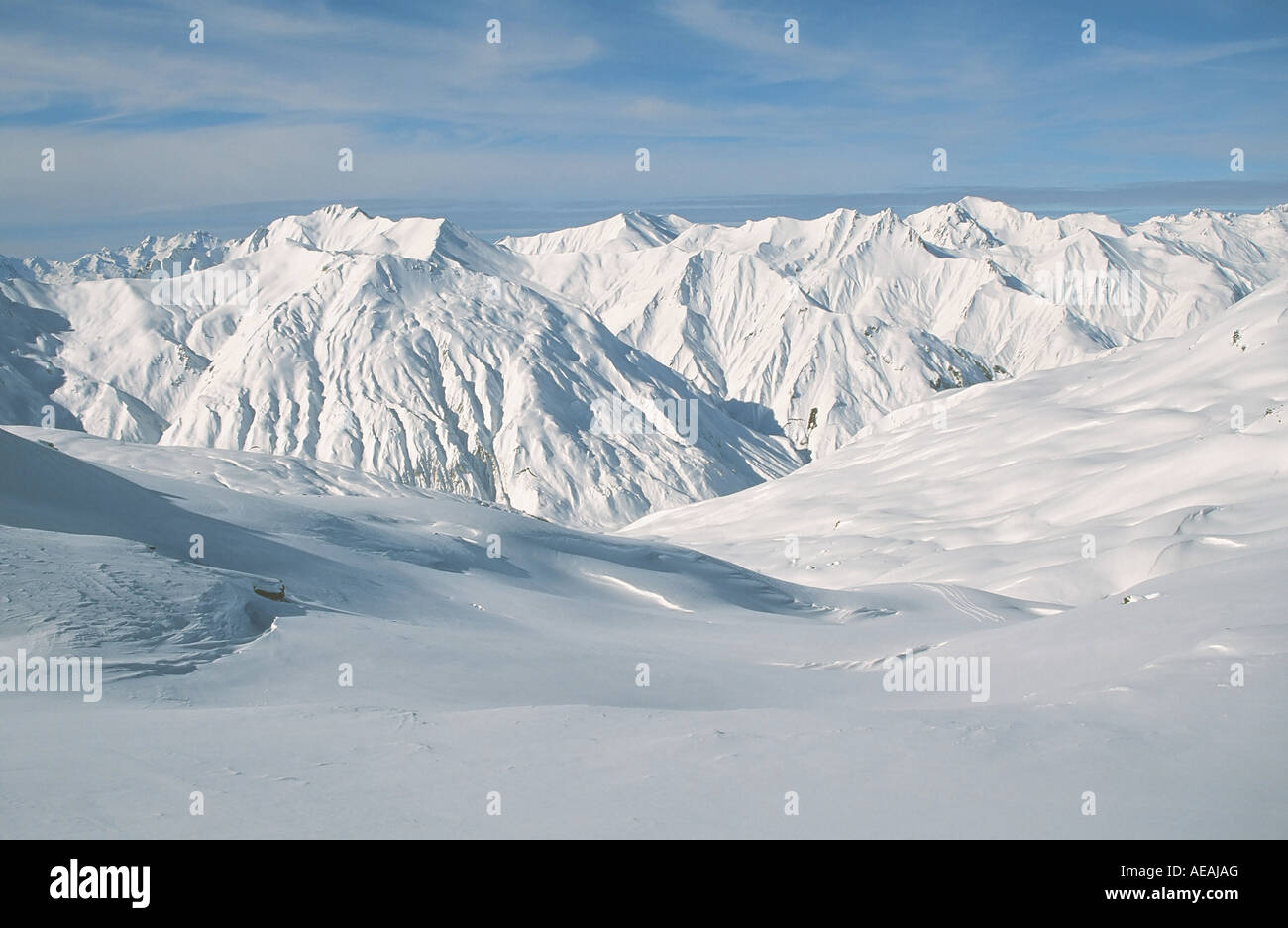 Heftige Schneefälle in den französischen Alpen in der Nähe von Courcheval Stockfoto