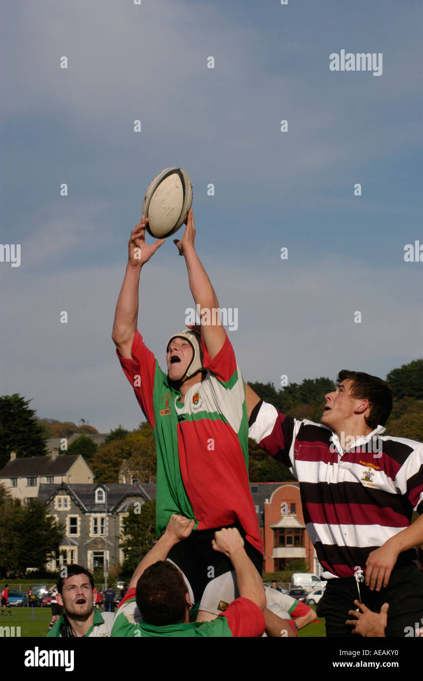 junge Männer spielen Rugby Aberystwyth University passen: Reaqching für den Ball in einen Lineout beworfen Stockfoto