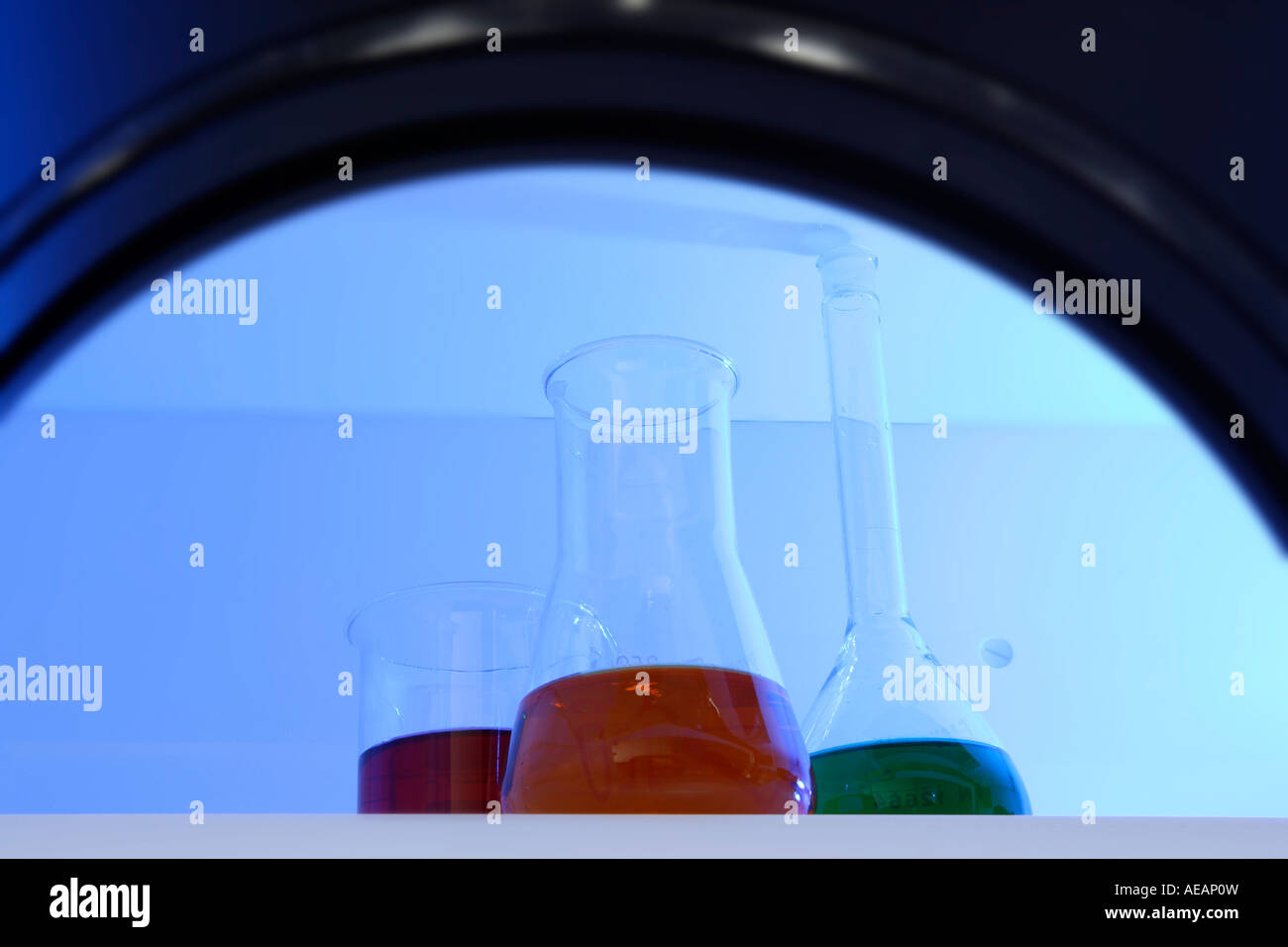 Petrischale und chemische Fläschchen im industriellen Chemie-Labor Stockfoto