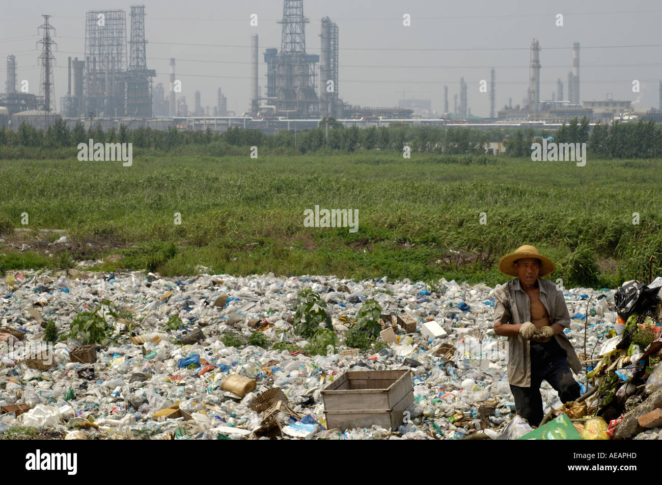 Wanderarbeitnehmer sammelt Kunststoffe aus einer Mülldeponie China 12. Juni 2006 Stockfoto