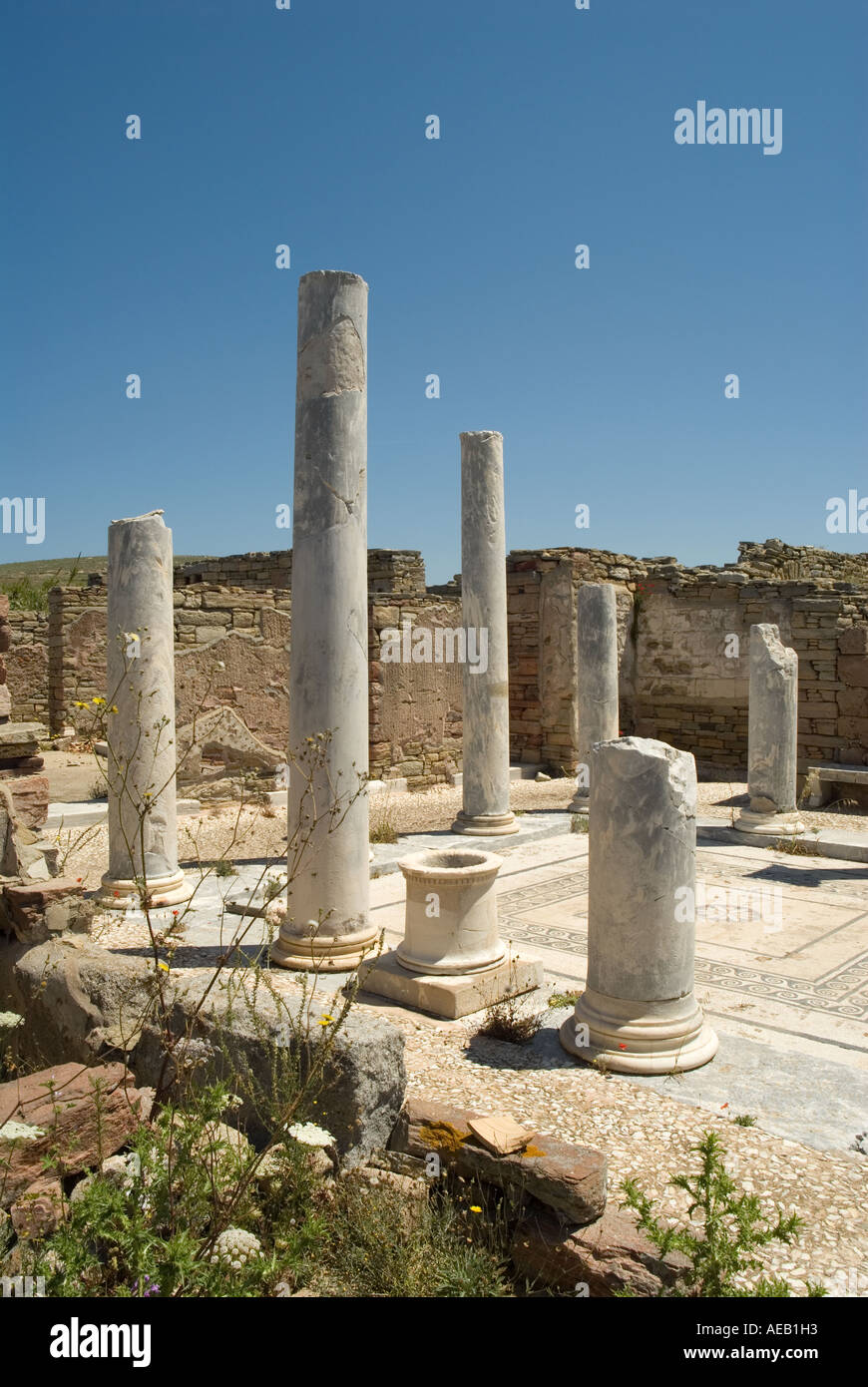 Insel Delos, Griechenland klassischen Ruinen und Mosaik-Fliesen Stockfoto