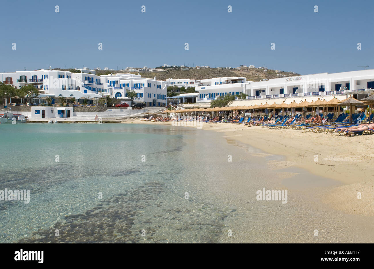 Platys Gialos Beach, Mykonos, Griechenland Stockfoto