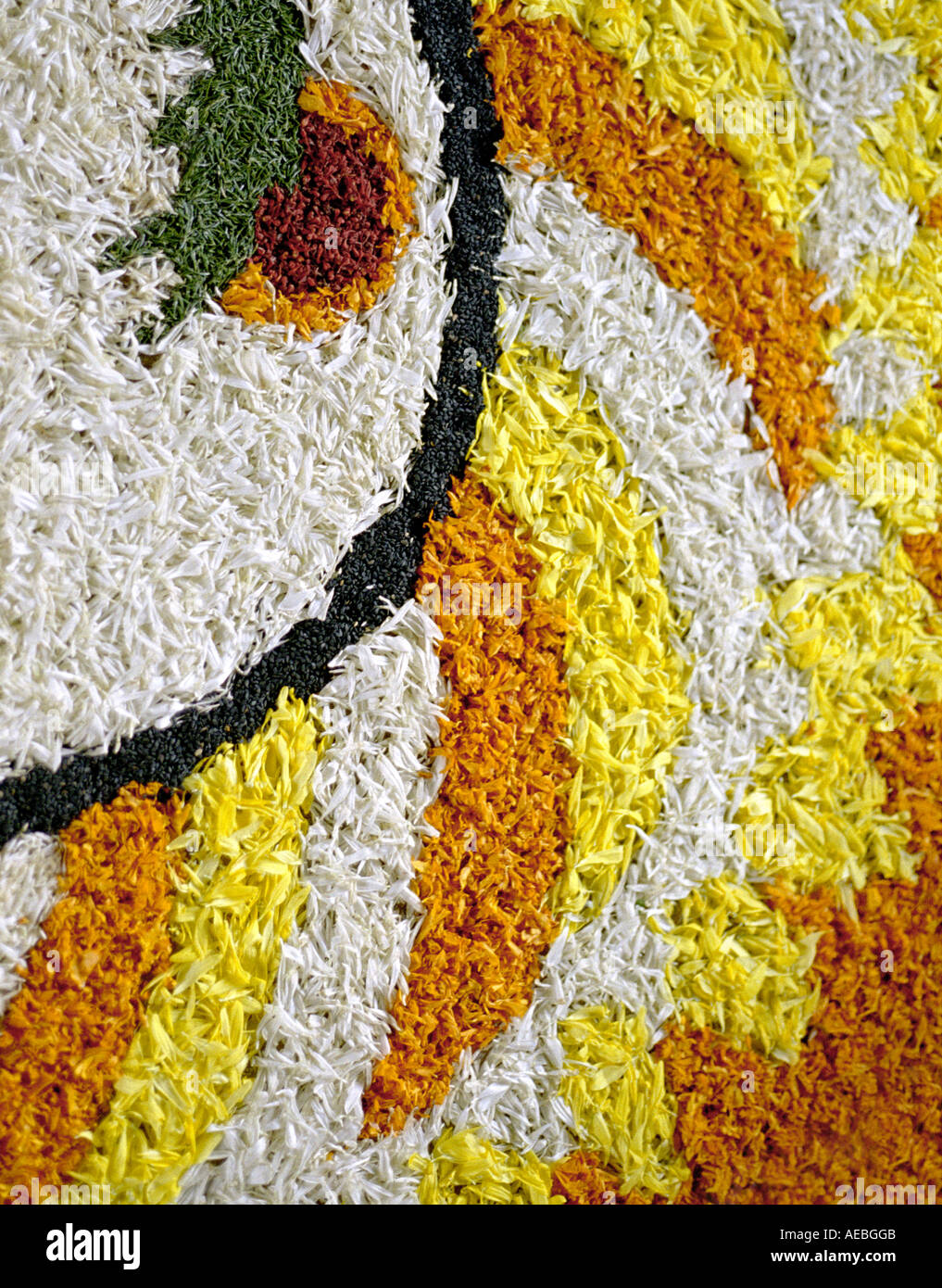 Blumen-Arrangement genannt Pookkalam getan anlässlich Onam feiern in Kerala, Indien Stockfoto