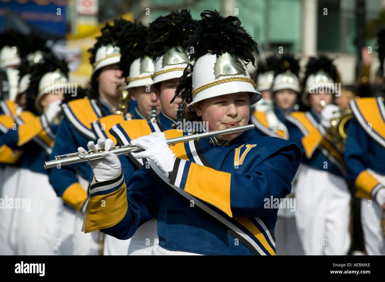 Blaskapelle an der St. Patricks Day Feierlichkeiten in London, England, Vereinigtes Königreich Stockfoto