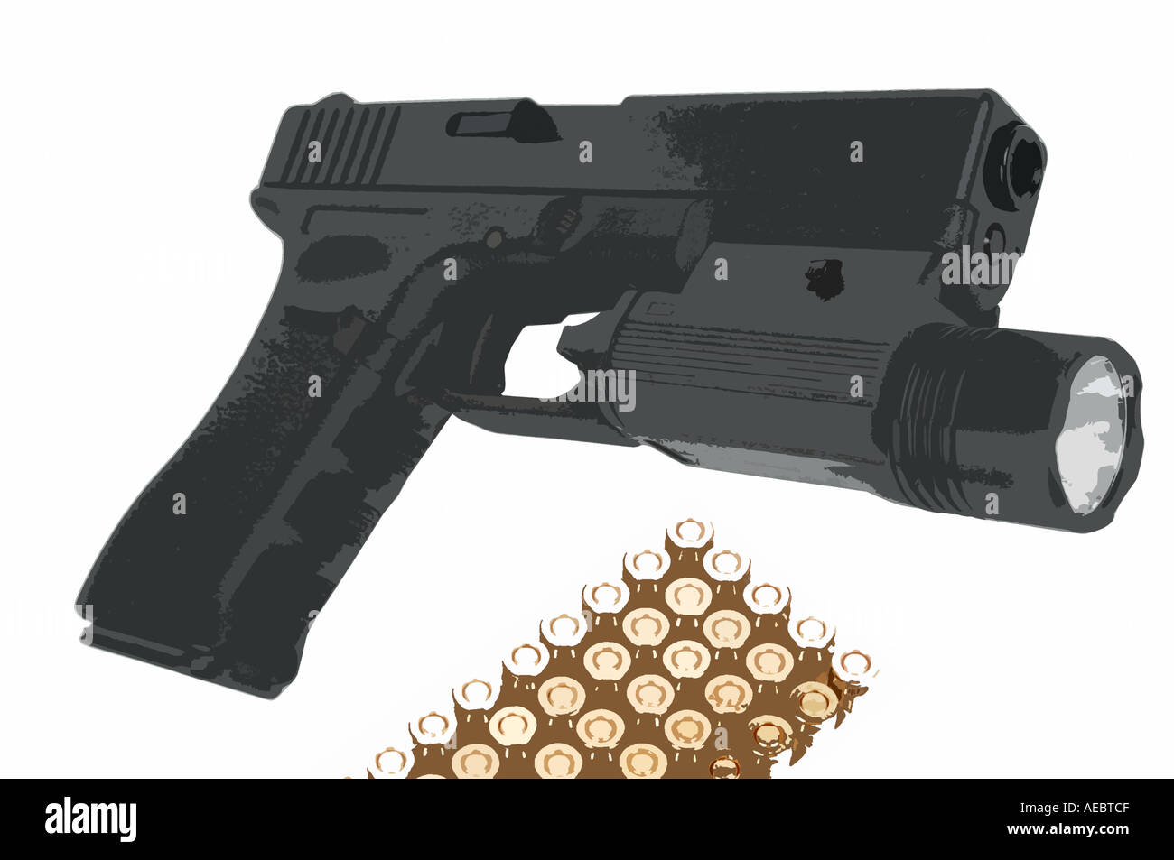 Abbildung einer Glock 17 Pistole mit Kugeln Munition und Taschenlampe Stockfoto