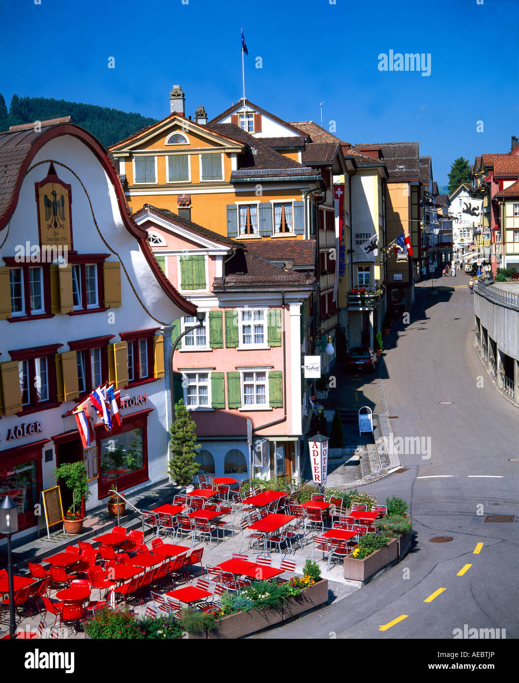 Schweiz-Appenzellerland-Appenzell bemalten Fassaden auf Hauptgasse Stockfoto