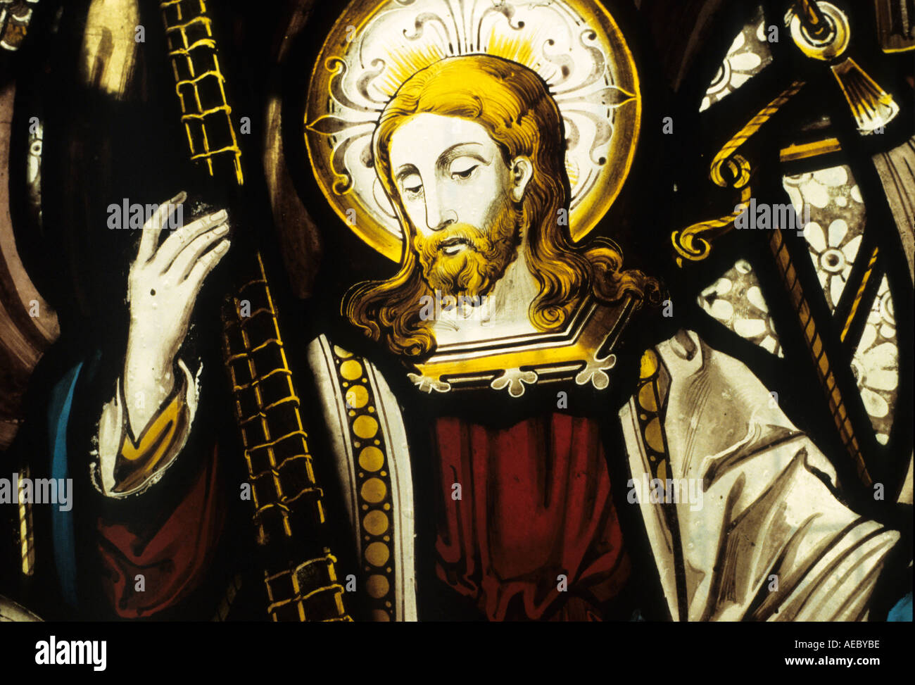 Nahaufnahme von Christus in Buntglas Kirchenfenster Stockfoto