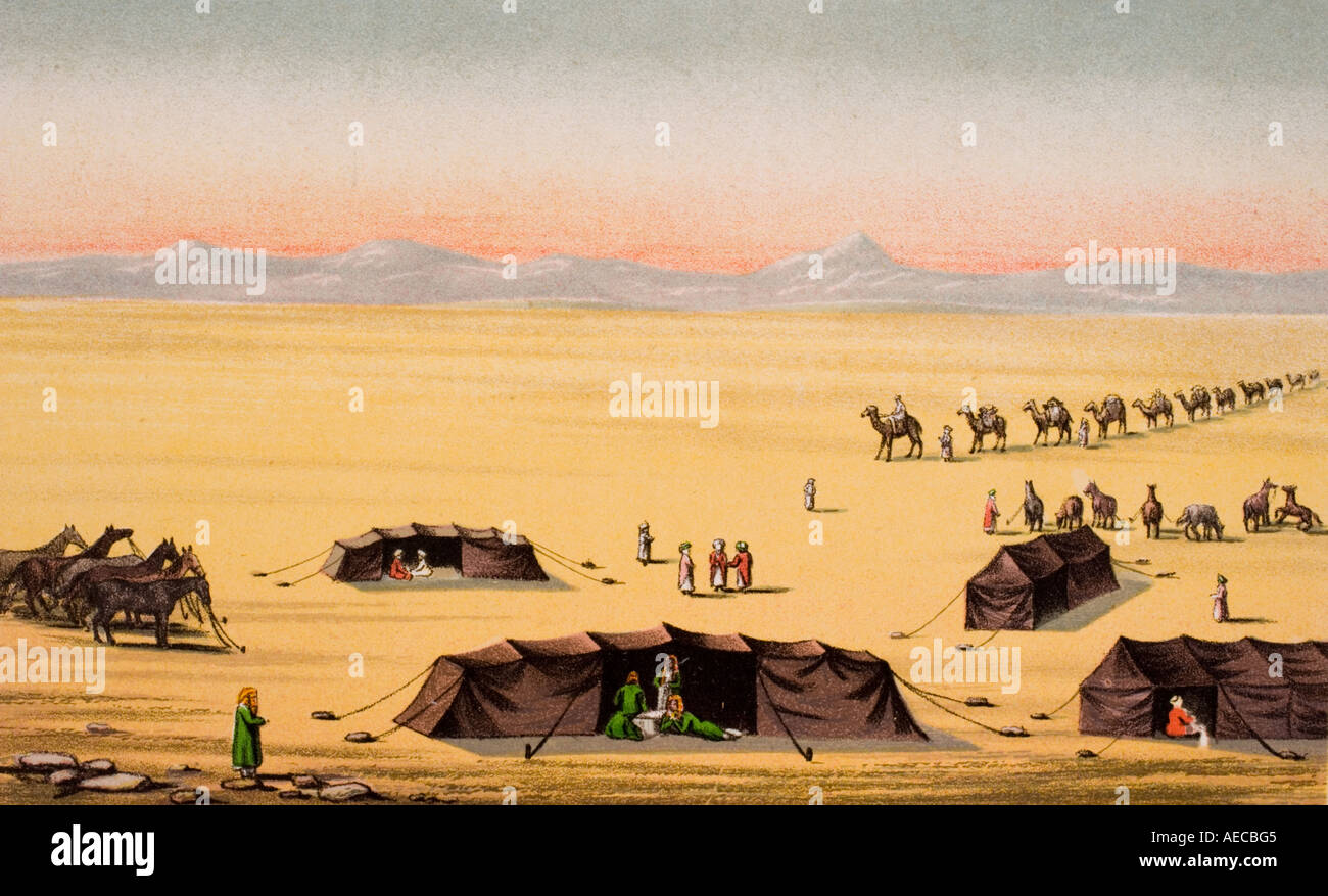 Unser Desert Camp aus einem Gemälde von Charles Tyrwhitt Drake. Camp, das Richard Burton während seiner saudi-arabischen Expeditionen nutzte. Stockfoto
