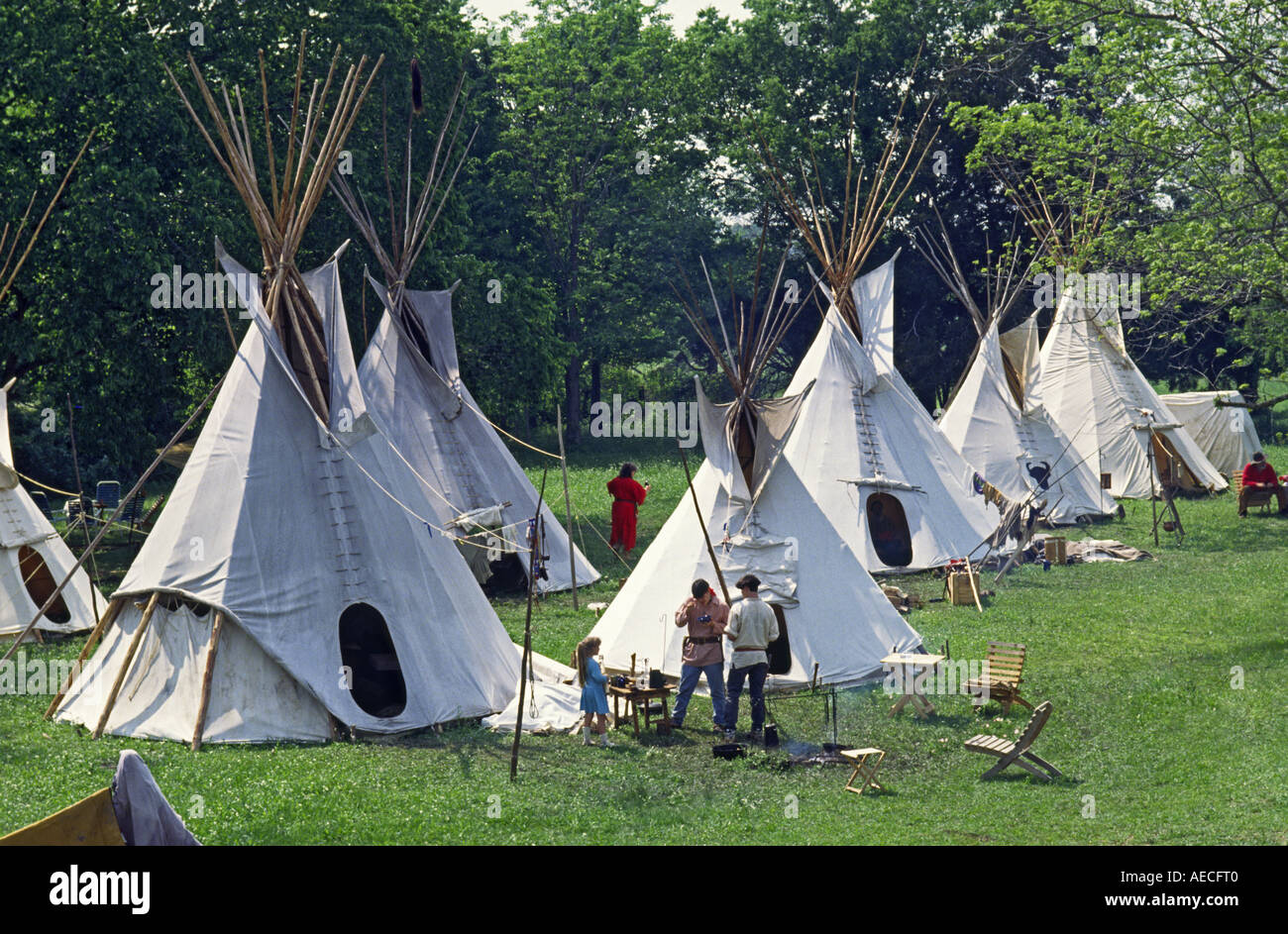 Indische Tipis auf Texas Unabhängigkeit Sammelplatz, vor 1840 Periode Reenactment, Old Fort Parker, Texas, USA Stockfoto