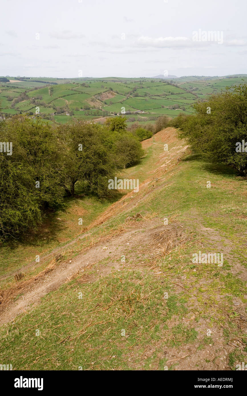 UK Shropshire Newcastle Offas Dyke und weg fallenlassen aus Llanfair Hill in Clun River Valley Stockfoto