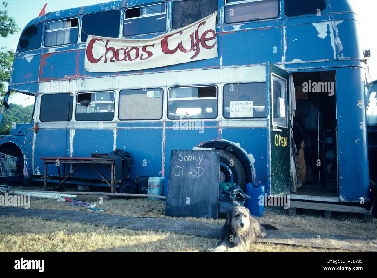 Chaos-Cafe mit Hund Glastonbury Festival Pilton U K Europa Stockfoto