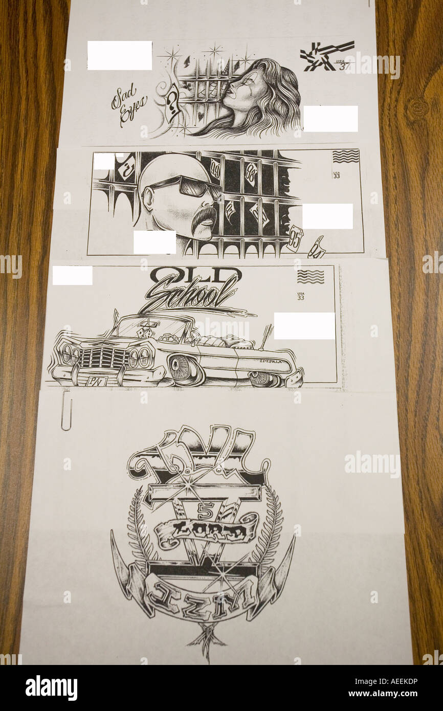 Bande bezogene Zeichnungen von Häftling auf maximale Sicherheit Gefängnis Tecumseh State Correctional Institution Nebraska USA Stockfoto