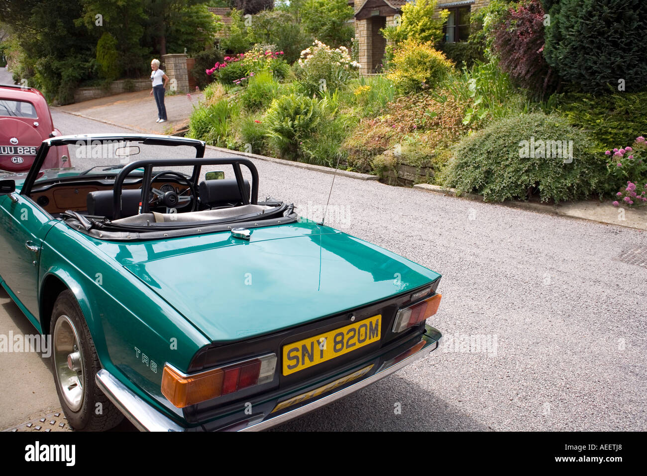 Grüner Triumph TR6, 1970er Jahre Vintage, Klassiker, Auto, Sport, Auto, Autos, Auto, Autos, Automobil, Automobile, Transport, Dorfbe Stockfoto