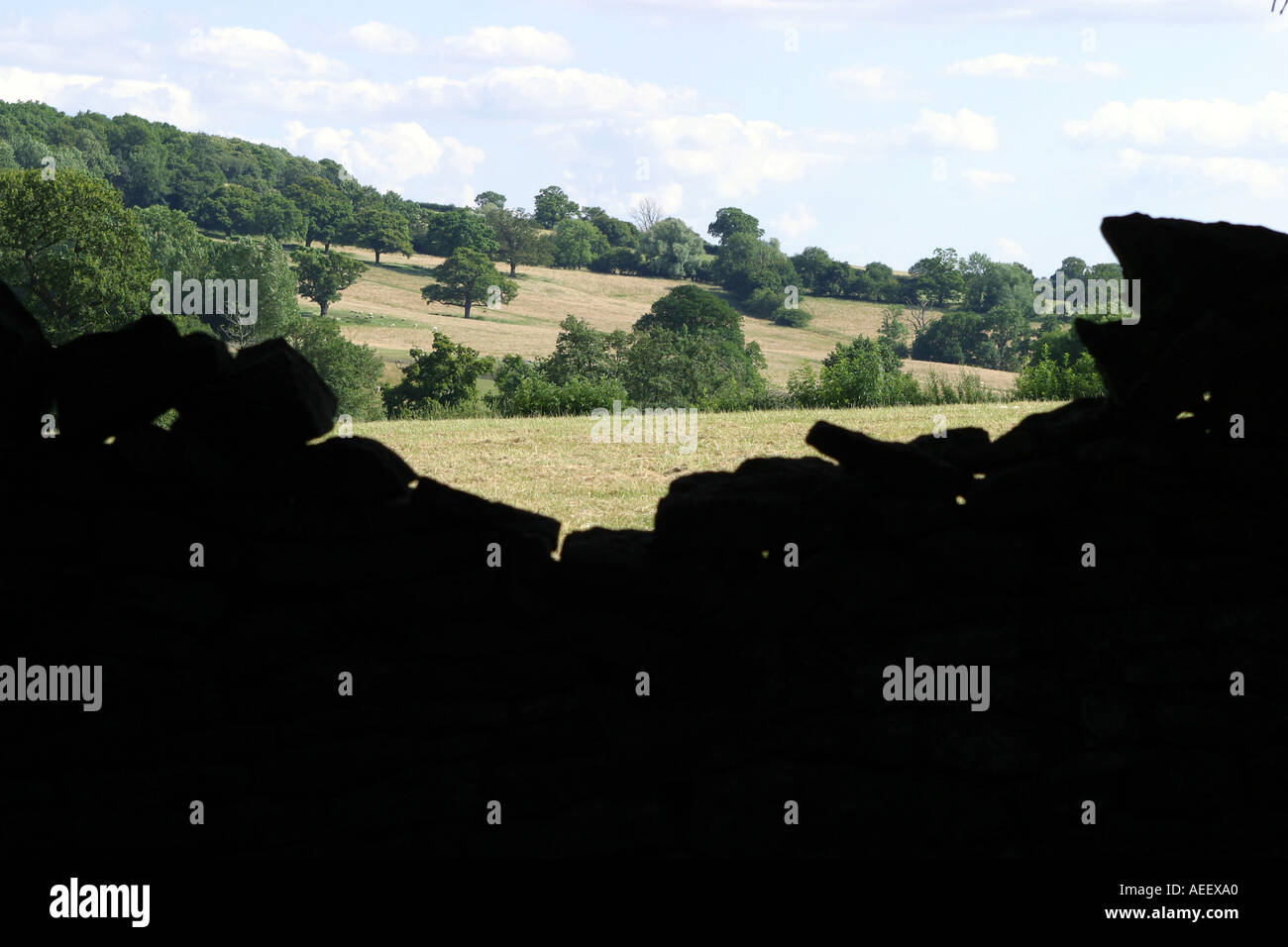 Landschaft, die Ansicht über eine Steinmauer Ausschneiden Stockfoto