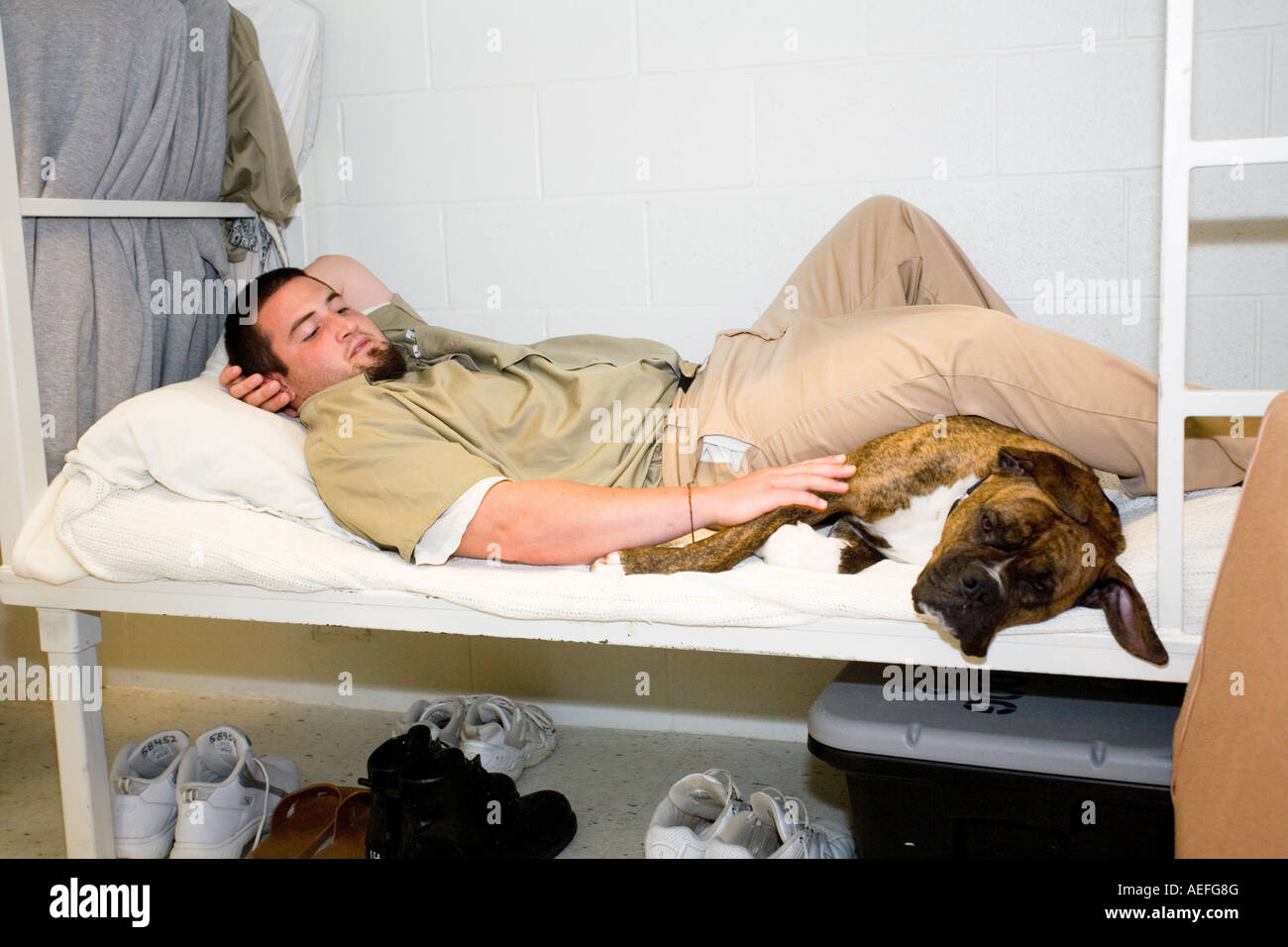 Häftling mit Hund in Zelle an der Jugend-JVA Nebraska. Stockfoto