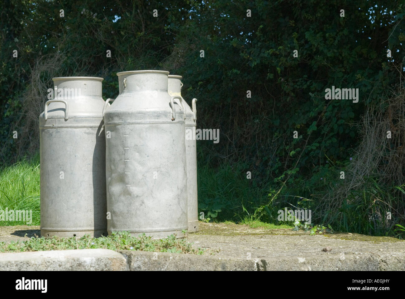 Milchkannen am Straßenrand, Cornwall, UK 2007. Stockfoto