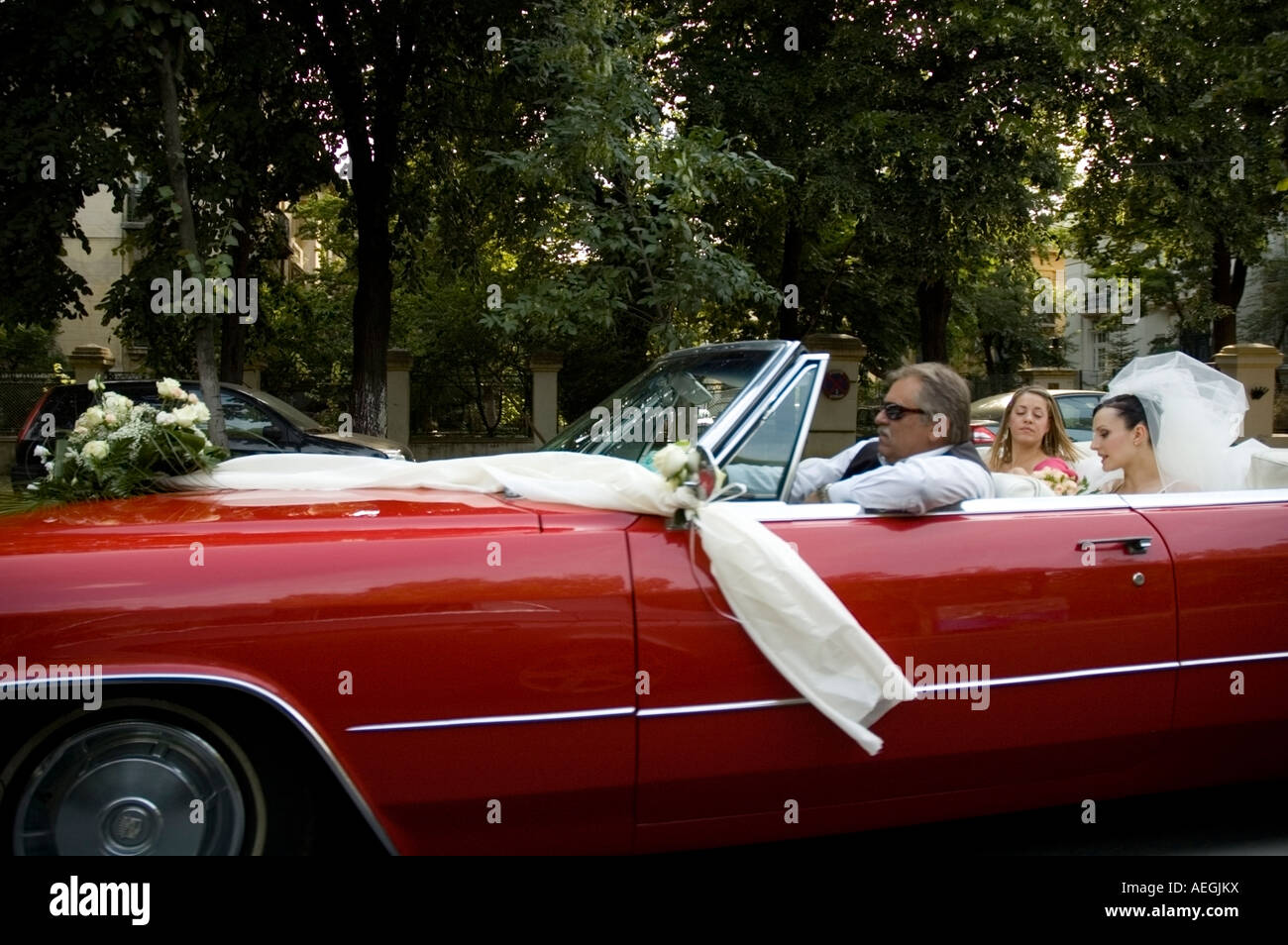 Braut in einem roten Cabrio entlang Bulevardul Aviatorilor, rumänische Hochzeit, Bukarest, Rumänien, Europa, EU Stockfoto
