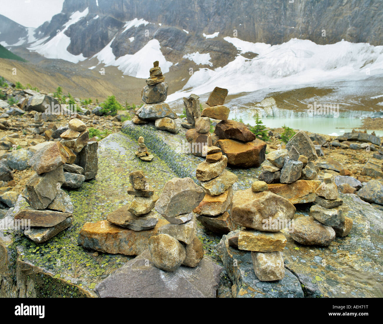 Rock Trail Marker auf Trail nach Mt Edith Cavell Jasper National Park Kanada Stockfoto