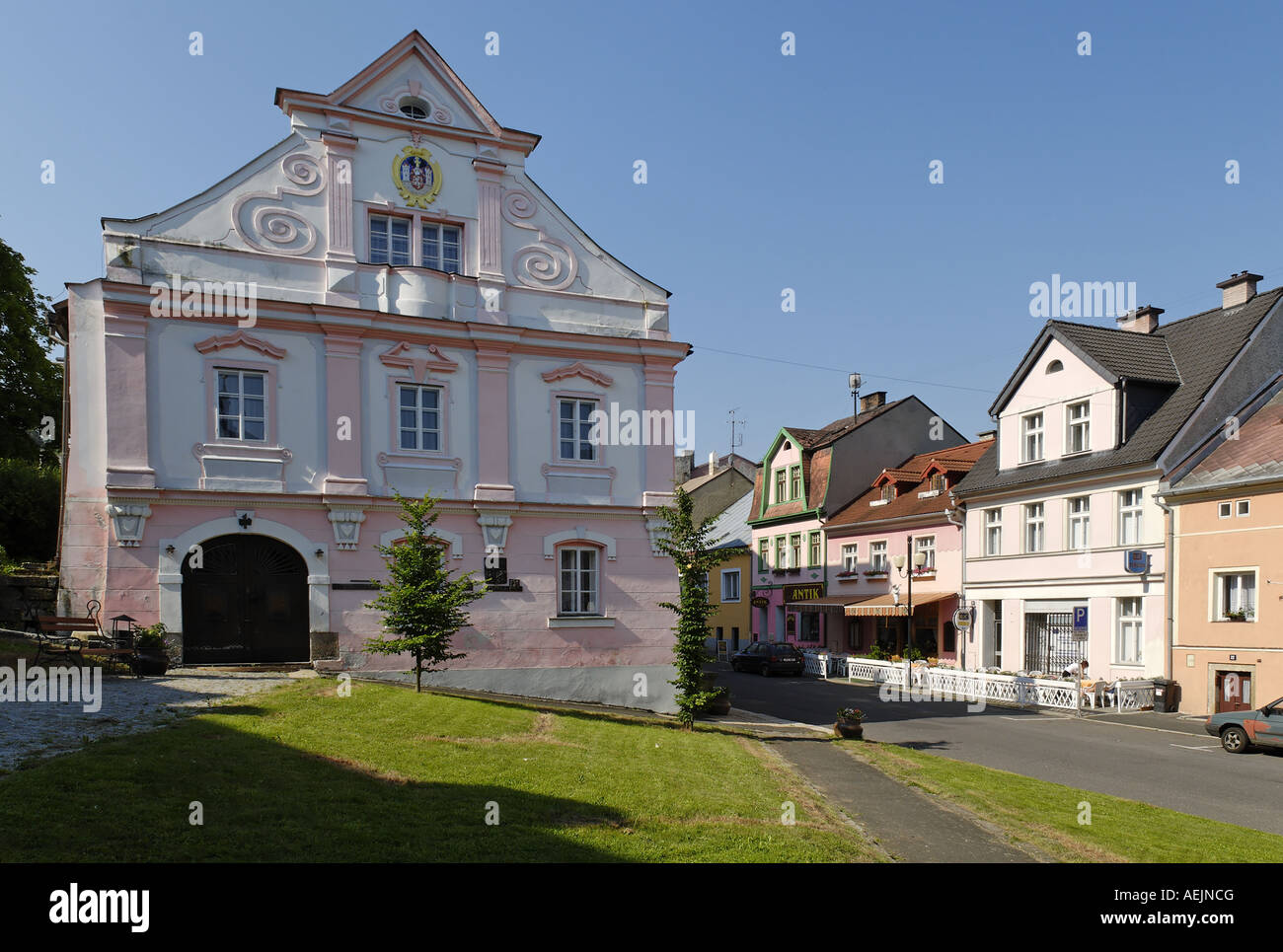 Historische alte Stadt Becov nad Burgstädtchen, Böhmen, Tschechien Stockfoto