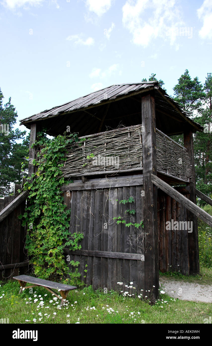 Eingang zum Wikinger-Dorf Vikingabyn in der Nähe von Tofta, Gotland, Schweden Stockfoto