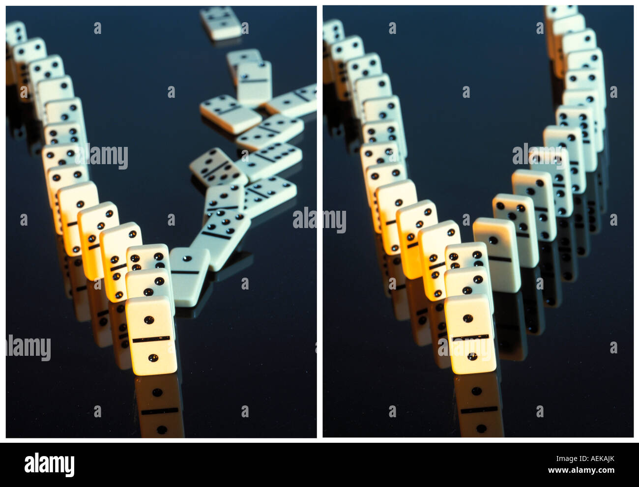 Vor und nach der Dominosteine Sieg zwei Möglichkeiten Stockfoto
