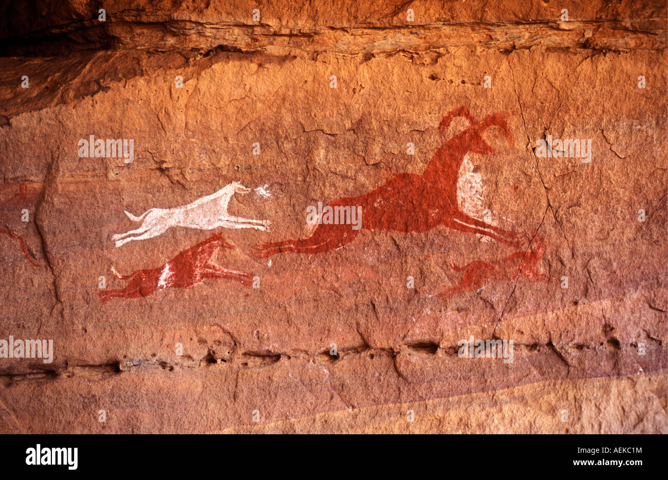 Libyen Ghat Akakus prähistorische Malereien auf Felsen Stockfoto