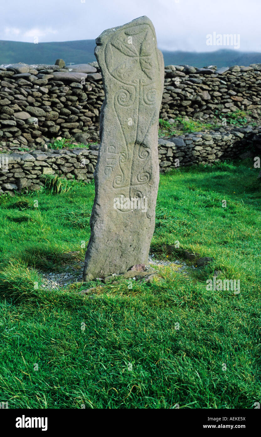Nichts Stein frühen christlichen Ballyferriter Dingle Halbinsel County Kerry eingeschrieben Inschrift Ogham Steinen Stockfoto