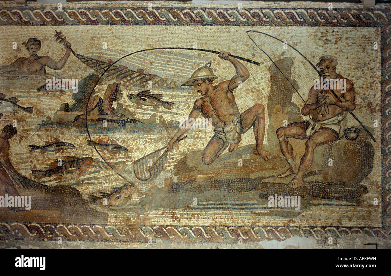 Libyen Tripolis römischen Mosaiken der Fischer im museum Stockfoto