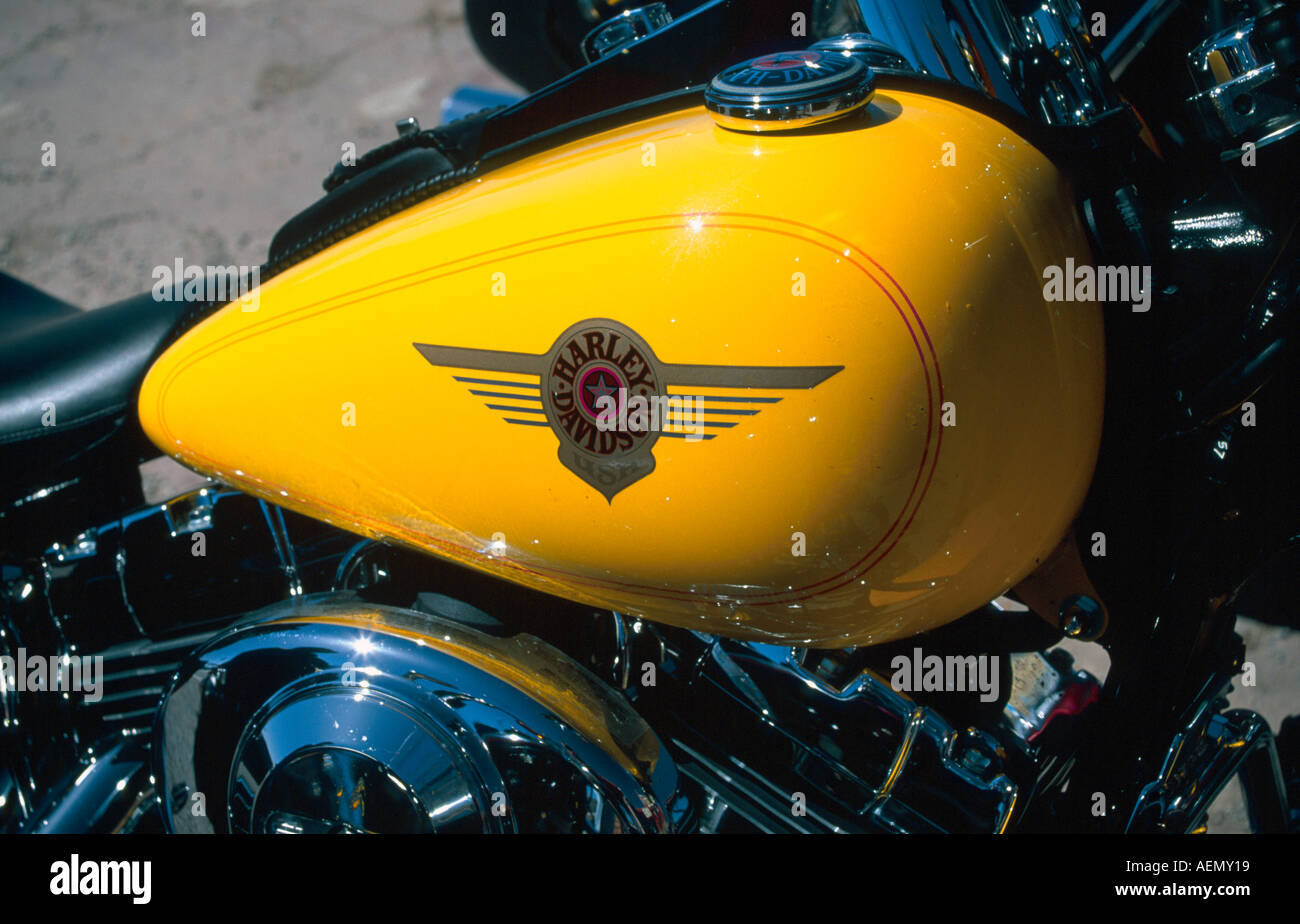gelb bemalten Benzintank von einer Harley Davidson Motorrad Route 66 Seligman Arizona usa Stockfoto