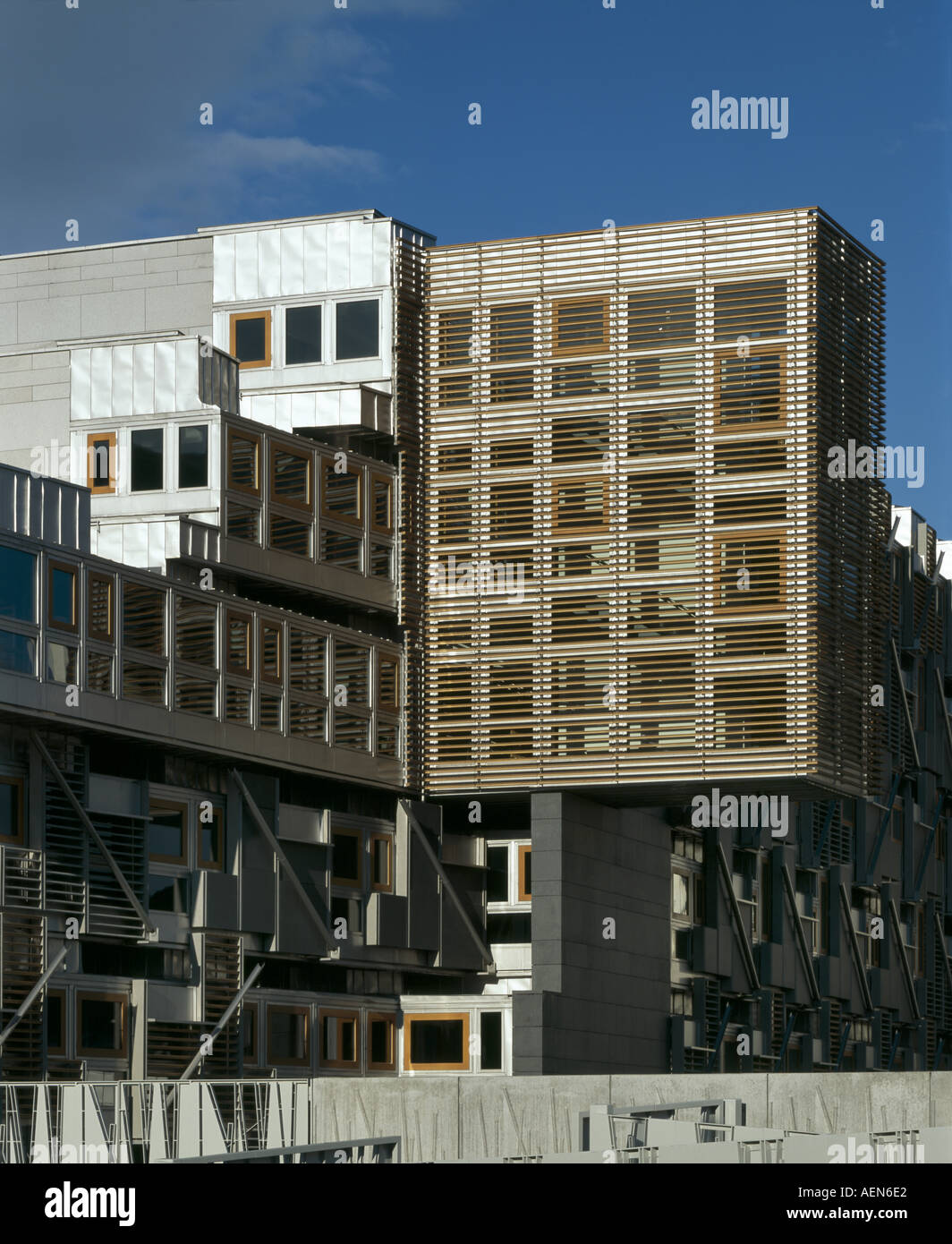 Das schottische Parlament, Edinburgh, Schottland. Ostseite des MSP Gebäude. Architekt: Scorpion-RMJM Stockfoto