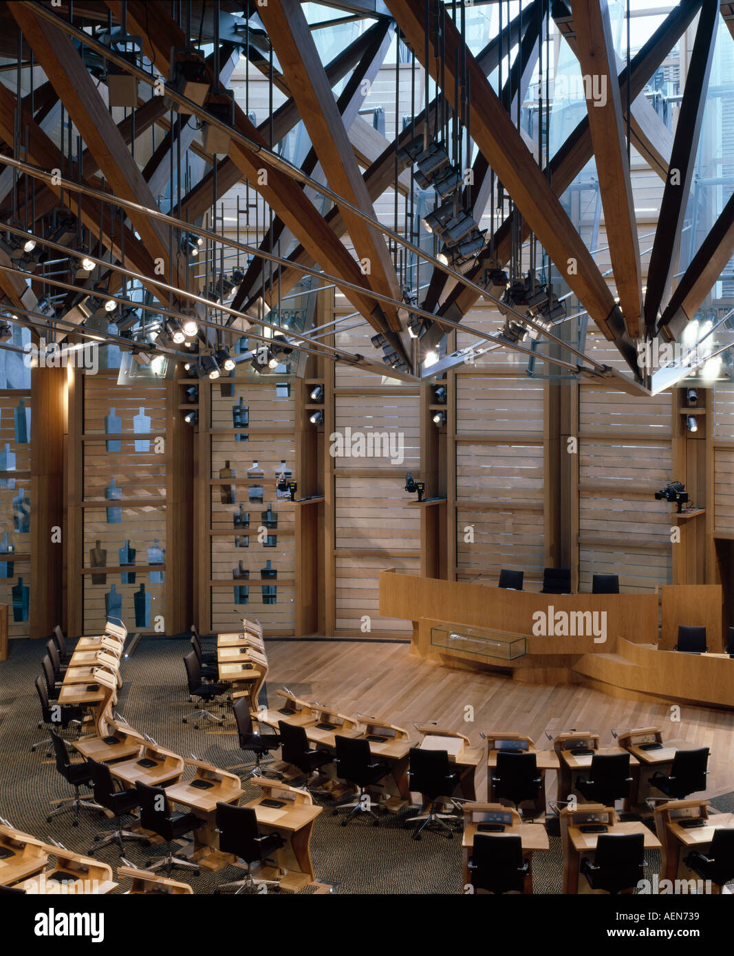 Das schottische Parlament, Edinburgh, Schottland. Kammer diskutieren. Architekt: Scorpion-RMJM Stockfoto