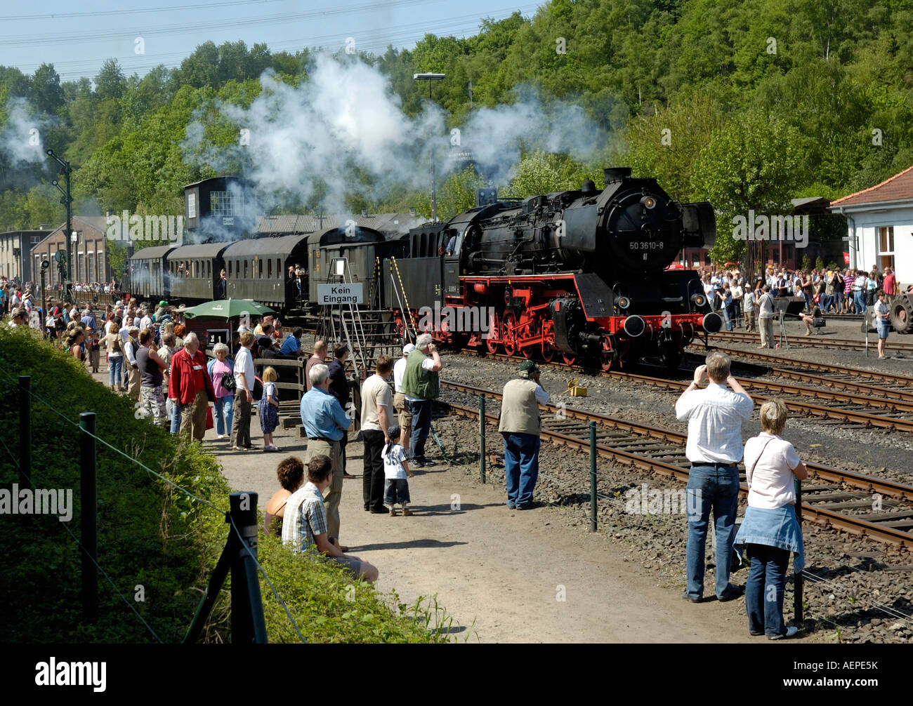 Dampf-Zug auf einen besonderen Service beim 30. Geburtstagsfeiern des Museums. Stockfoto