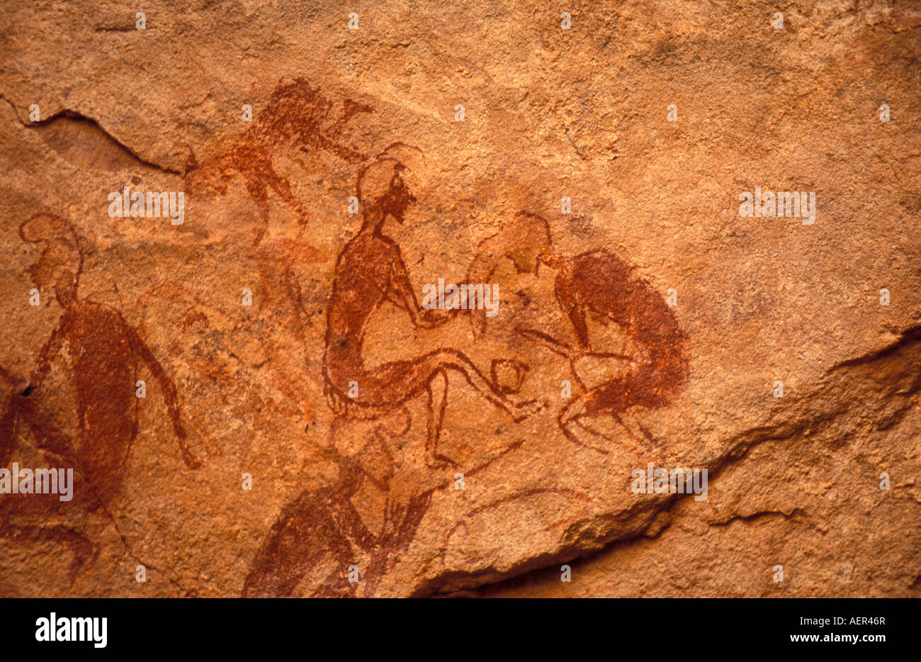 Libyen Akakus prähistorische Malereien auf Felsen Stockfoto