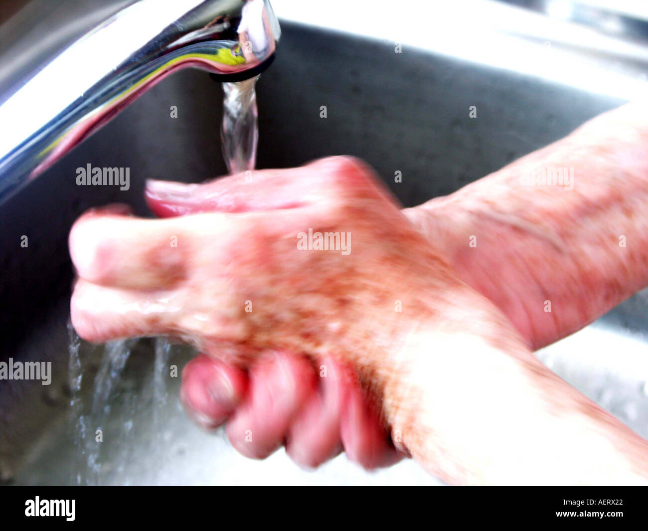 eine Reife paar weibliche Hände waschen unter fließendem Wasser in eine Edelstahl-Spüle Stockfoto