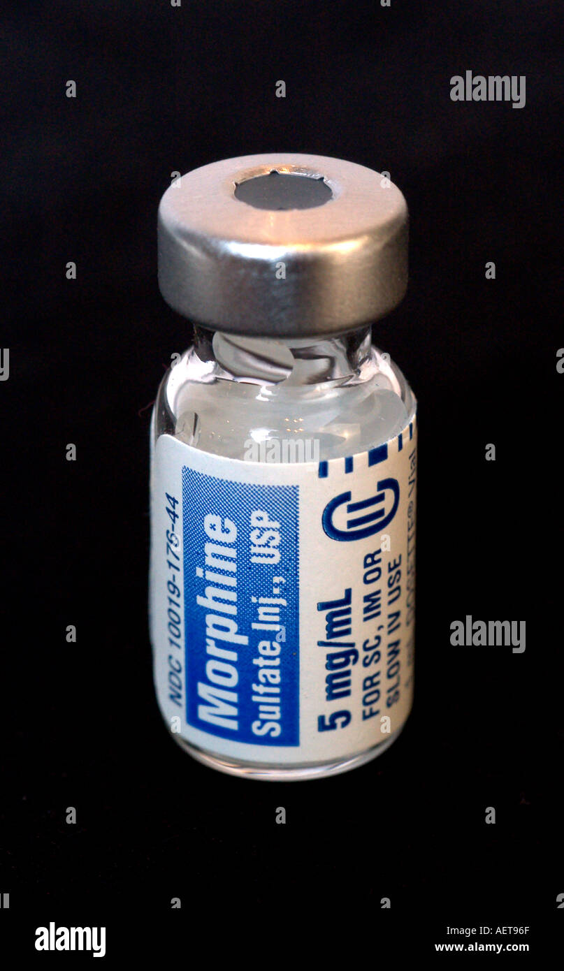 Morphin Fläschchen mit Morphin Sulfat verwendet als auch als ein koronarer Vasodilatator für Herzinfarkte verwendet Schmerzmittel Stockfoto