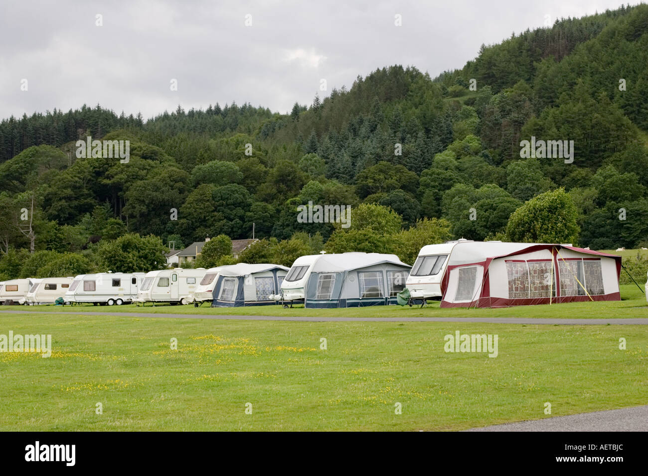 Wohnwagen Caravan Club Site North Ledaig am Strand in der Nähe von Oban Scotland UK Stockfoto