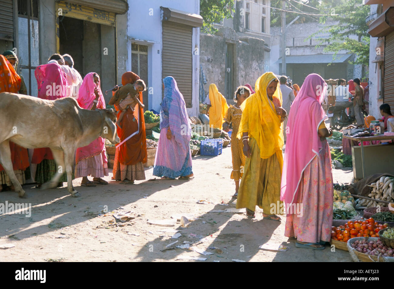 Typischen bunten Rajasthani Saris Pushkar Rajasthan Indien Asien Stockfoto