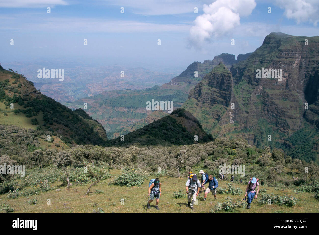 Trekking Simien Mountains Nationalpark UNESCO World Heritage Site Äthiopien Afrika Stockfoto