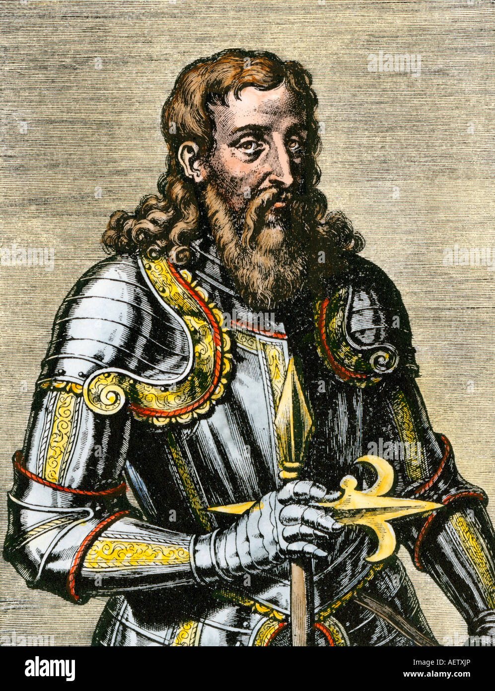 Heinrich der Seefahrer in der Rüstung. Hand - farbige Holzschnitt Stockfoto