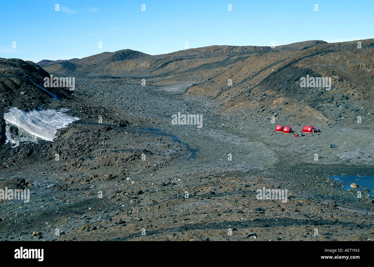 Marine-Ebene, Vestfold Hills Antarktis mit den Feld-Hütten Stockfoto