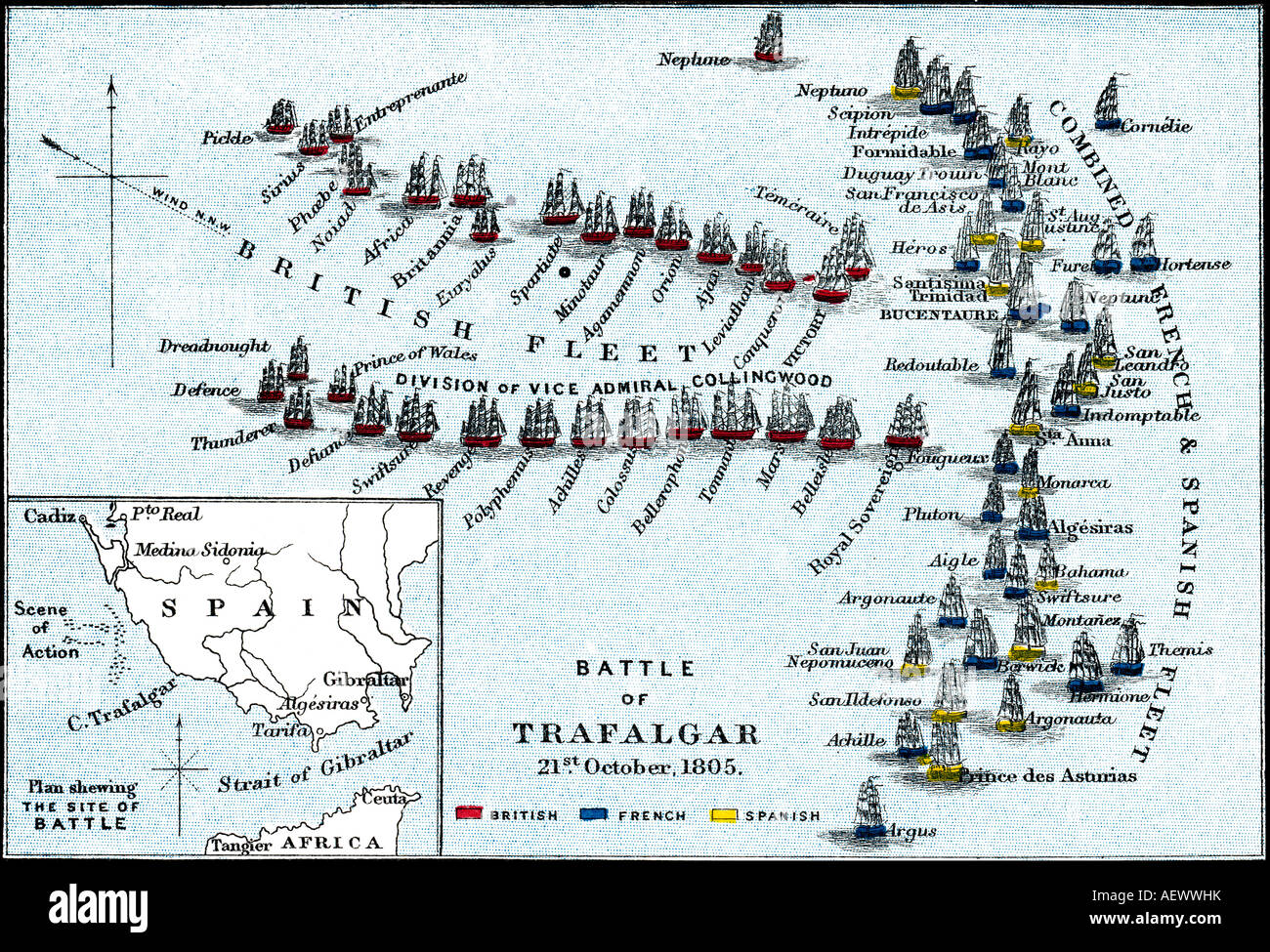 Schlacht von Trafalgar. Schlachtplan, 21. Oktober 1805. Stockfoto