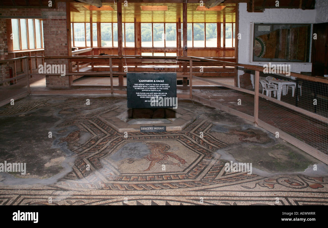 Bodenmosaik Darstellung Die Entfuhrung Des Ganymed Durch Den Gott Zeus Verkleidet Als Ein Grosser Adler Bignor Romischen Villa Sussex Uk Stockfotografie Alamy