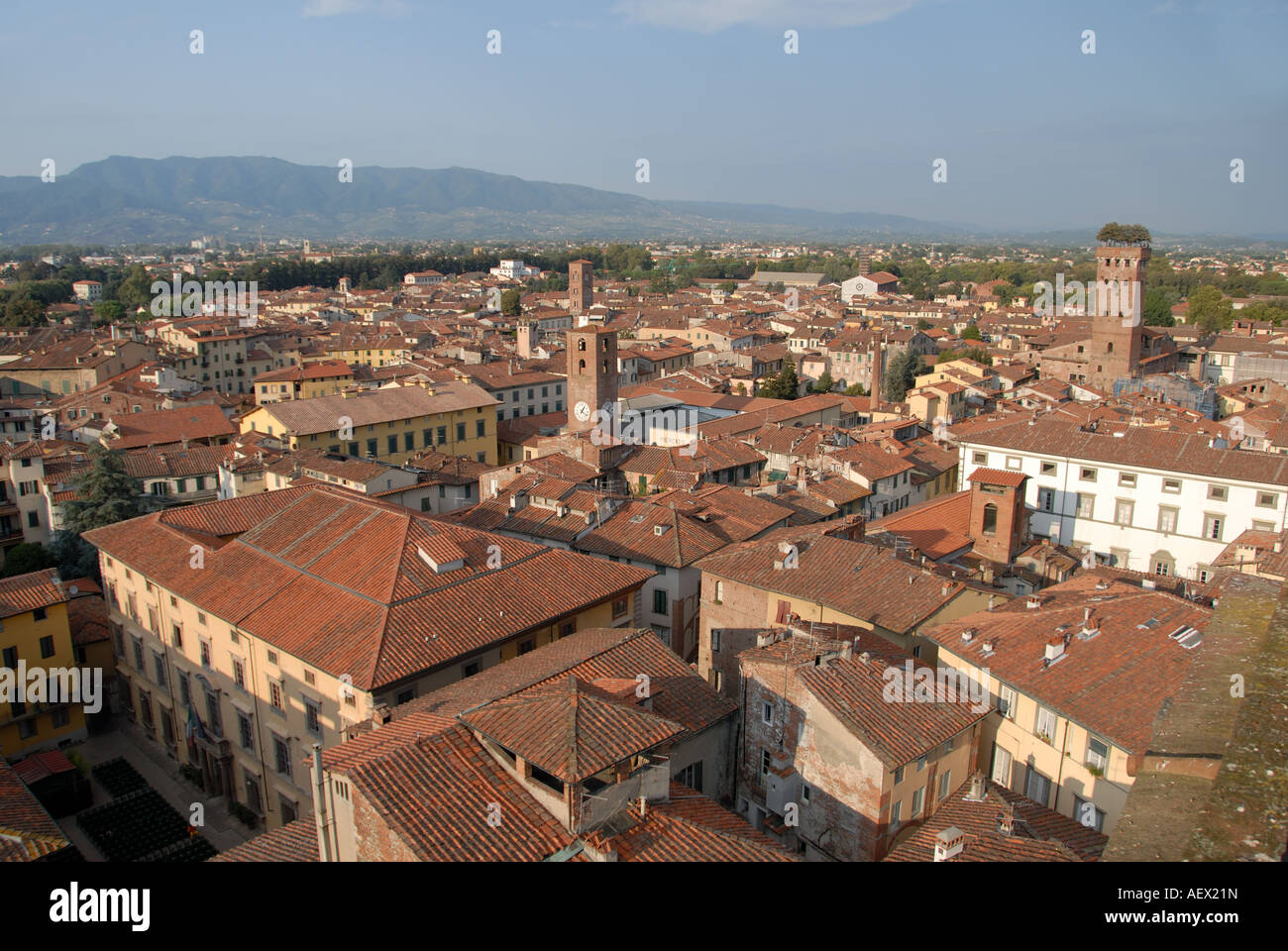 Dächer und Türme aus gesehen von Torre del Ore, Lucca Italien Stockfoto