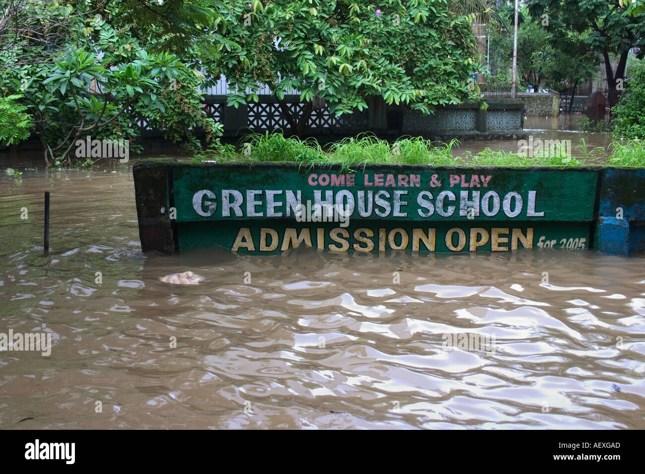 Green House Schule Schild in überfluteten Straße nach Monsunregen, Bombay, Mumbai, Maharashtra, Indien, Asien untergetaucht Stockfoto