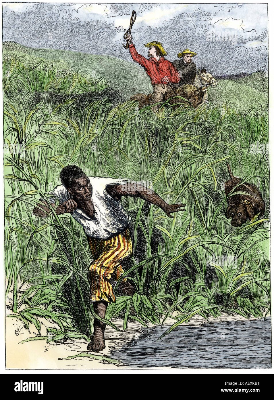 Austretende African American slave Slave auf der Flucht vor Jägern und ihren Hund. Hand - farbige Holzschnitt Stockfoto