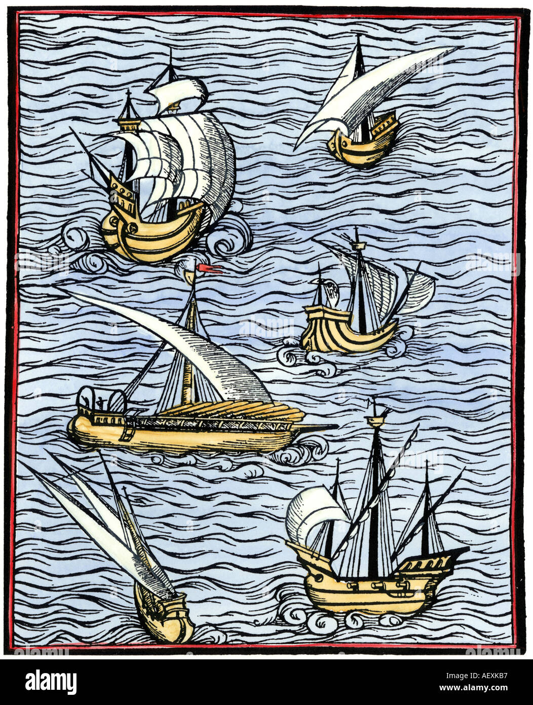 Karavellen von Libre de cololat tractat dels Fet maritims 1502. Hand - farbige Holzschnitt Stockfoto