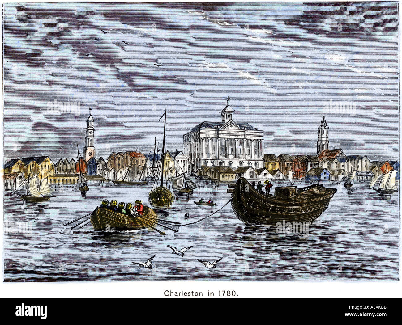 Hafen von Charleston South Carolina Kolonie im Jahre 1780 während der Amerikanischen Revolution. Hand - farbige Holzschnitt Stockfoto